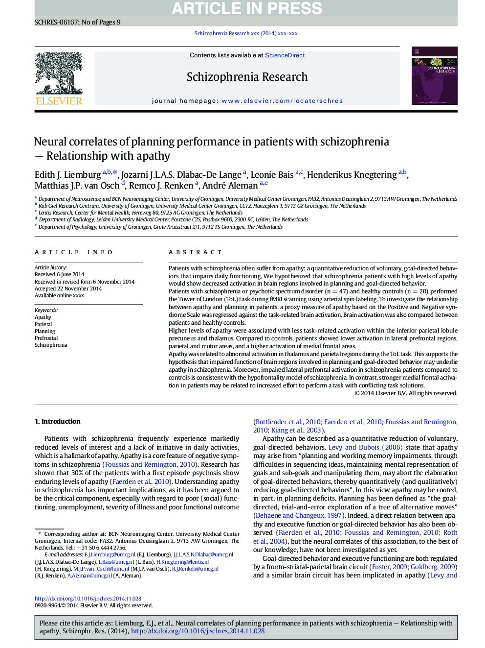 Neural correlates of planning performance in patients with schizophrenia - Relationship with apathy