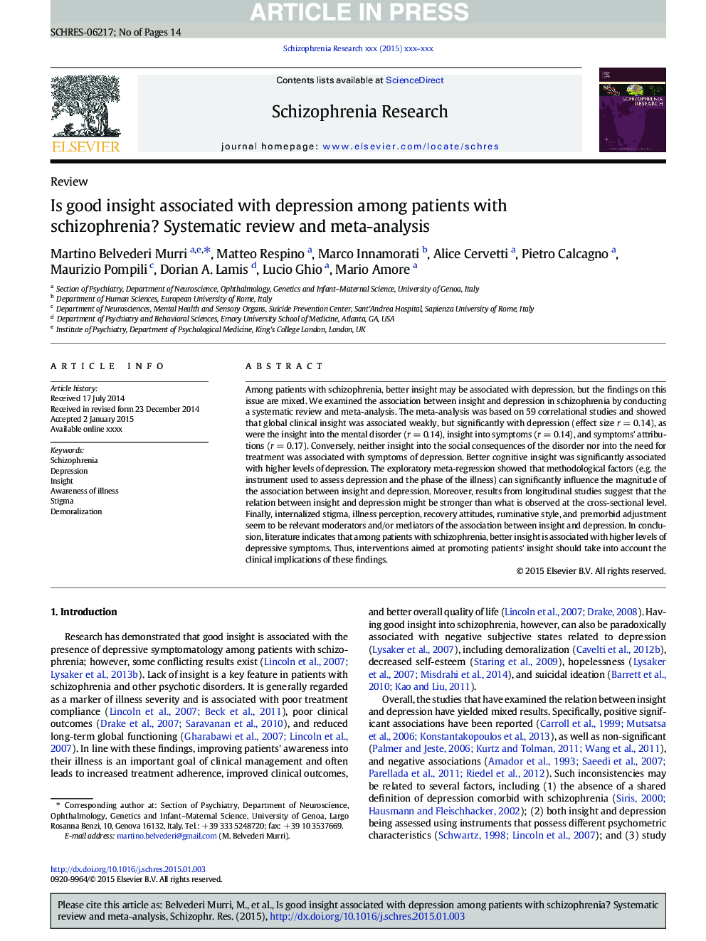 Is good insight associated with depression among patients with schizophrenia? Systematic review and meta-analysis