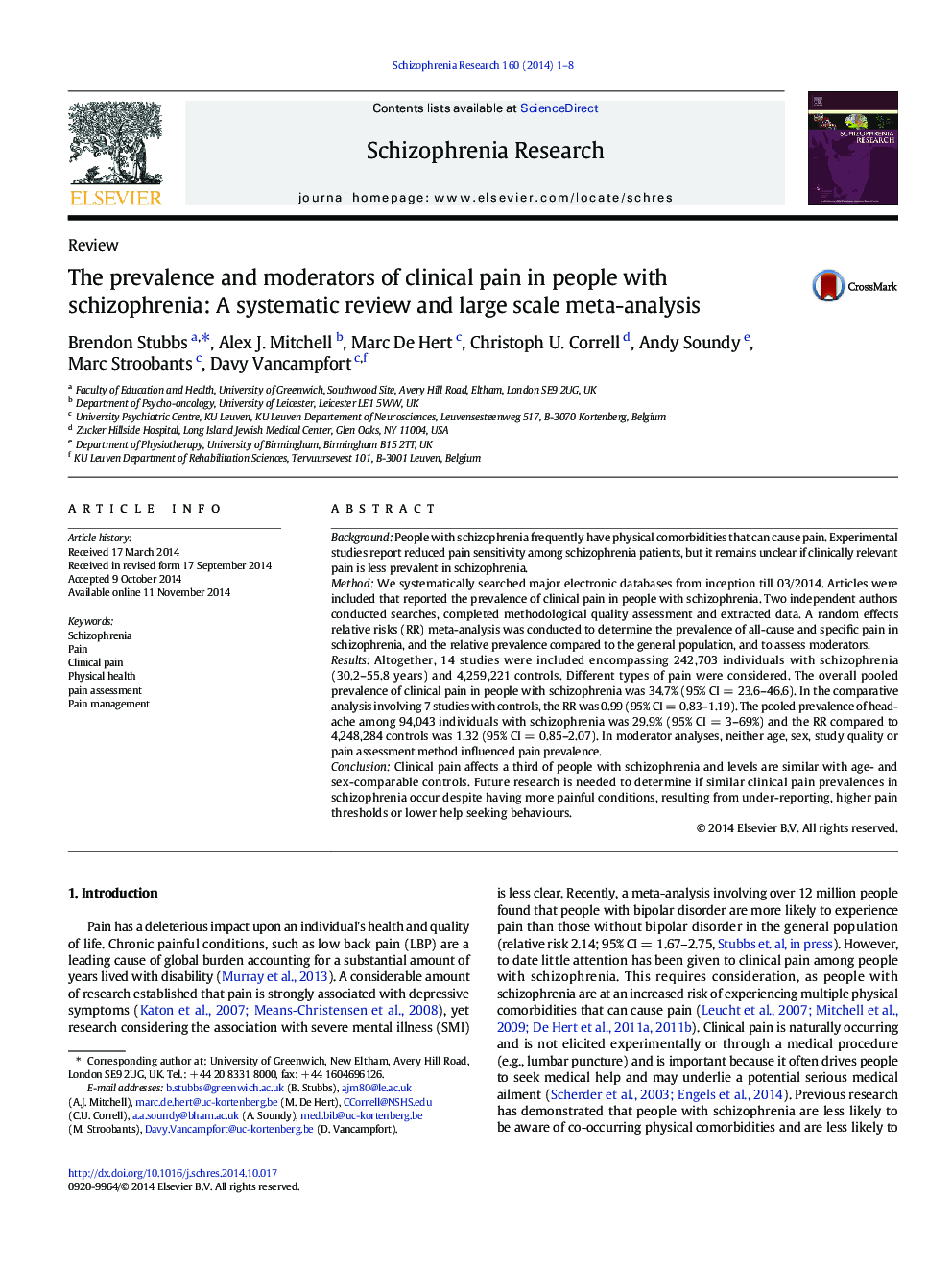 The prevalence and moderators of clinical pain in people with schizophrenia: A systematic review and large scale meta-analysis