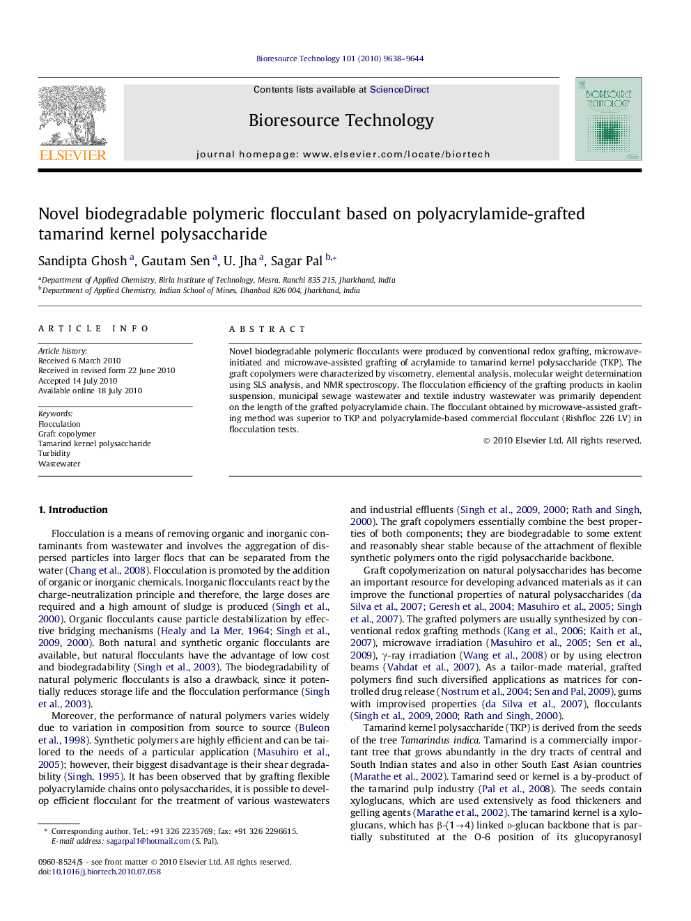 Novel biodegradable polymeric flocculant based on polyacrylamide-grafted tamarind kernel polysaccharide
