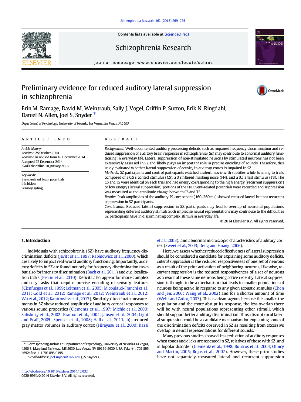 Preliminary evidence for reduced auditory lateral suppression in schizophrenia