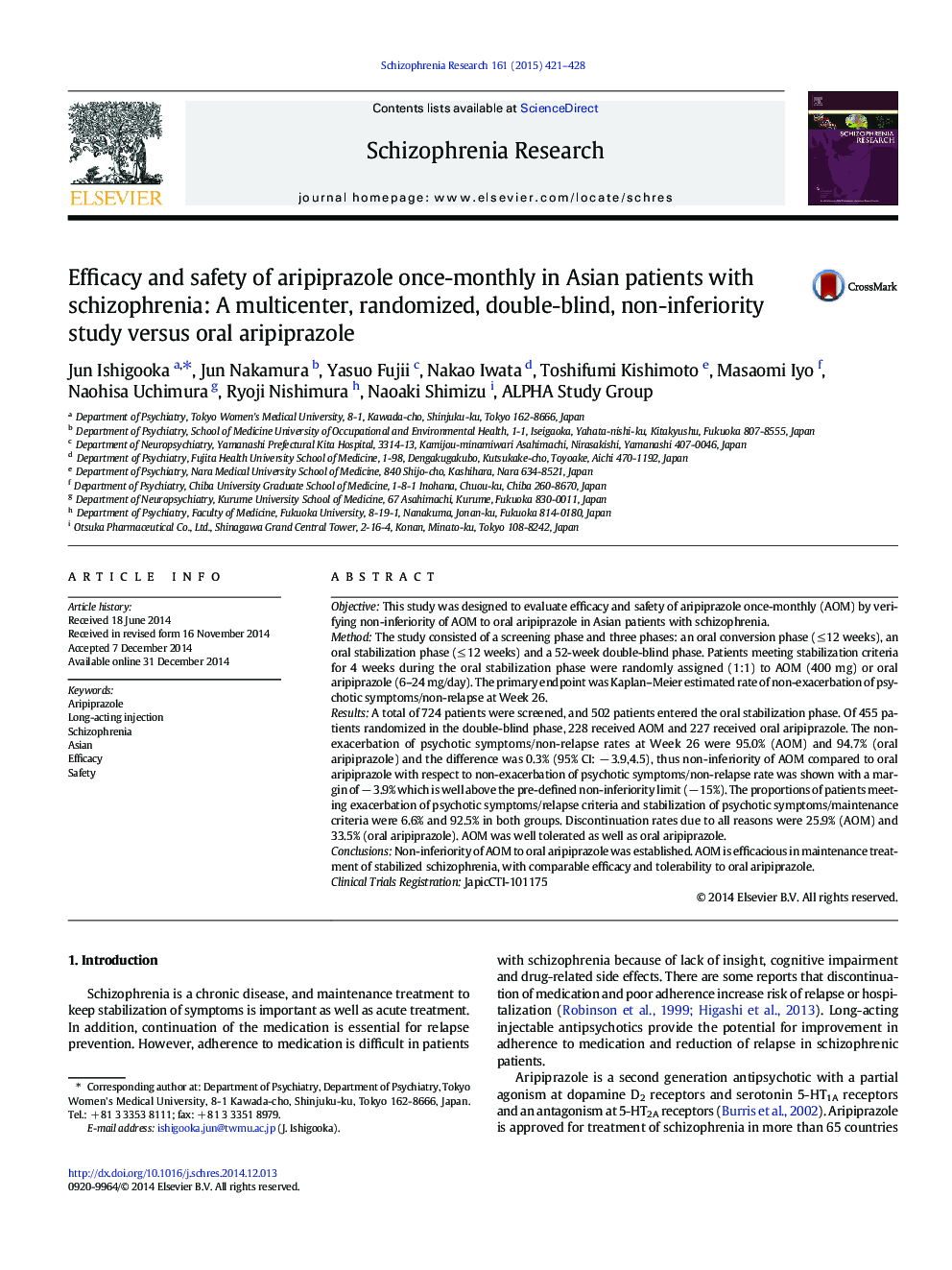 Efficacy and safety of aripiprazole once-monthly in Asian patients with schizophrenia: A multicenter, randomized, double-blind, non-inferiority study versus oral aripiprazole