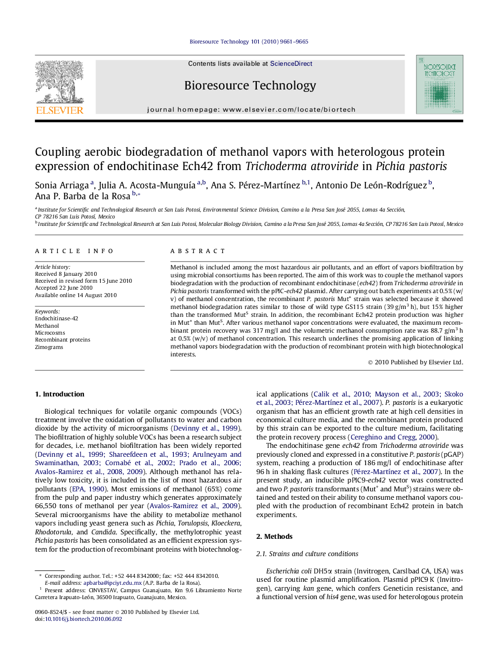 Coupling aerobic biodegradation of methanol vapors with heterologous protein expression of endochitinase Ech42 from Trichoderma atroviride in Pichia pastoris