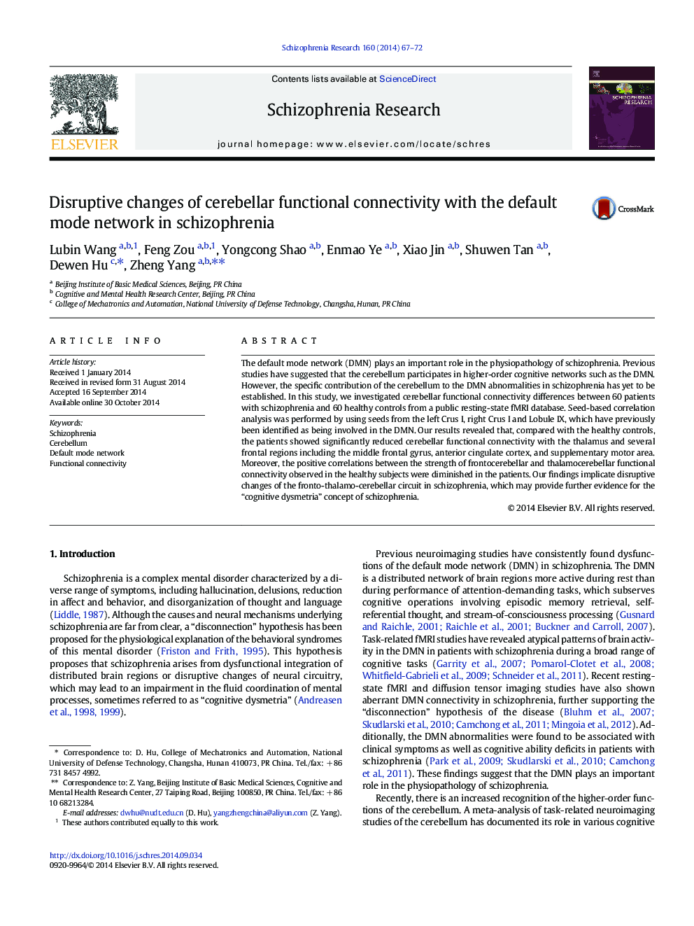 Disruptive changes of cerebellar functional connectivity with the default mode network in schizophrenia