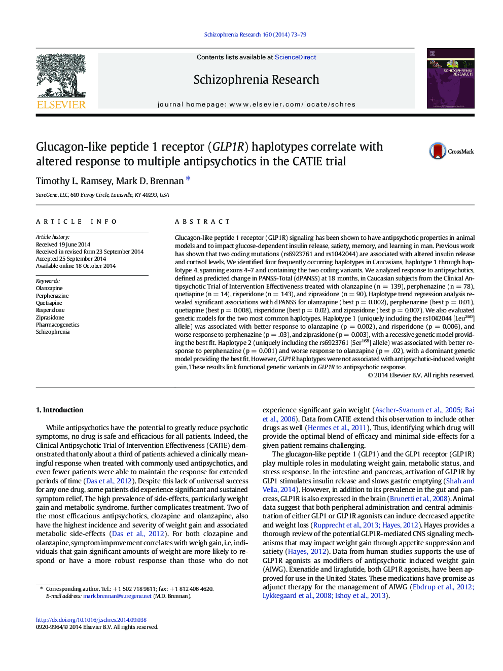 Glucagon-like peptide 1 receptor (GLP1R) haplotypes correlate with altered response to multiple antipsychotics in the CATIE trial