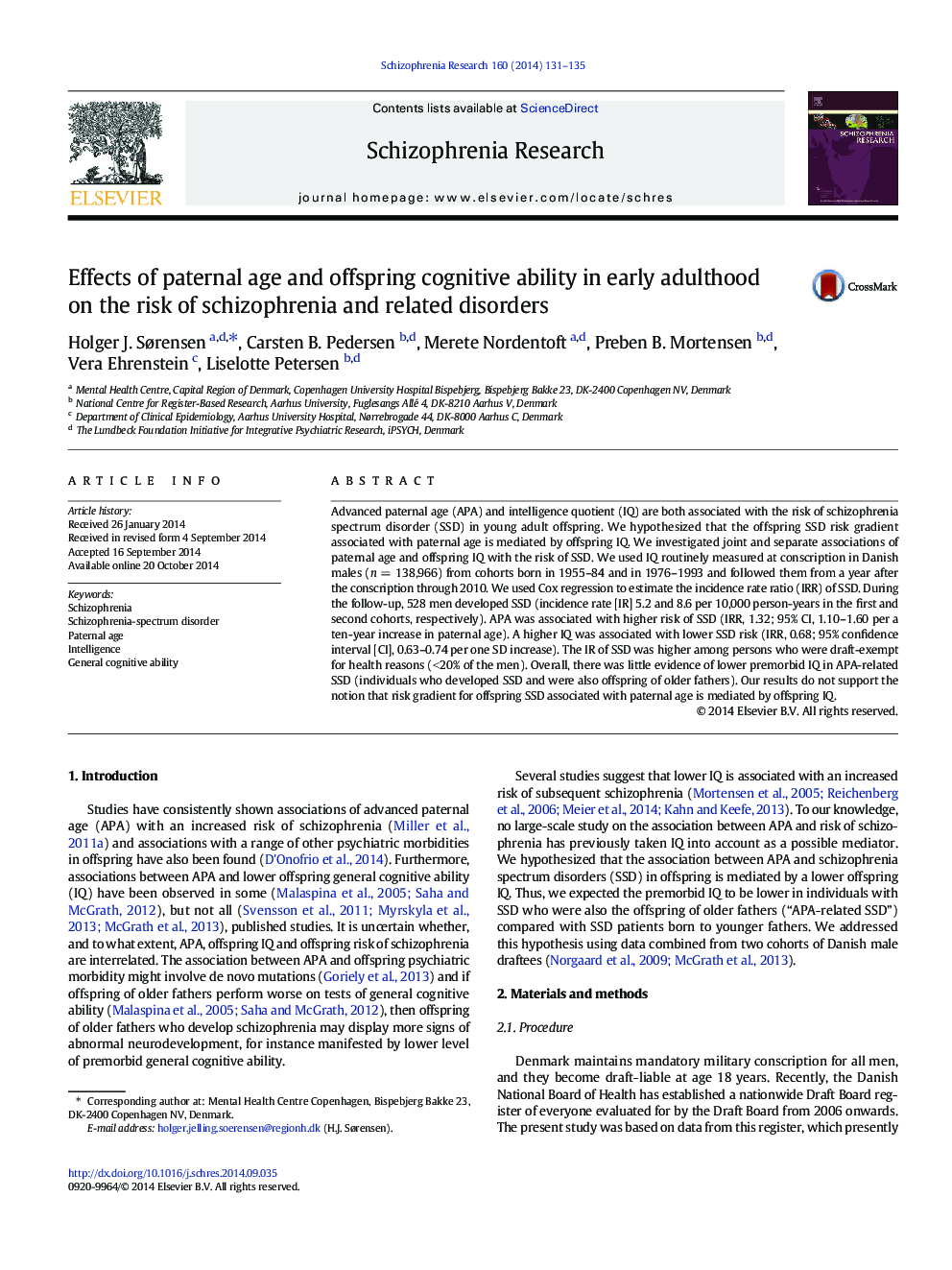 Effects of paternal age and offspring cognitive ability in early adulthood on the risk of schizophrenia and related disorders