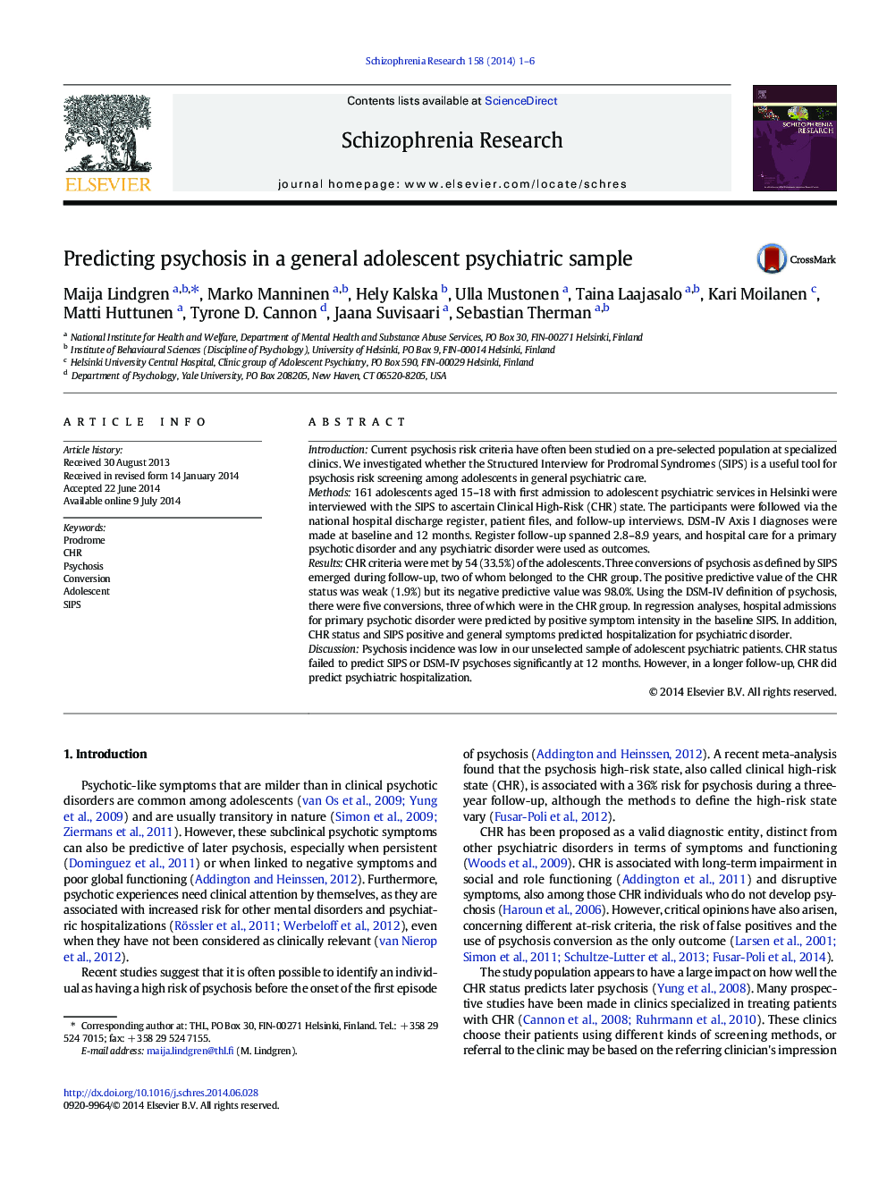 Predicting psychosis in a general adolescent psychiatric sample