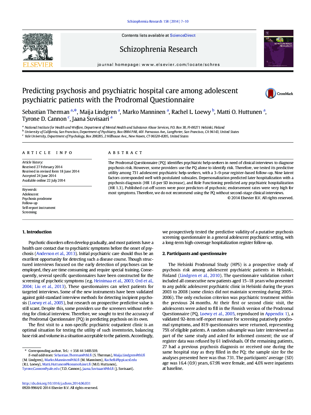 Predicting psychosis and psychiatric hospital care among adolescent psychiatric patients with the Prodromal Questionnaire