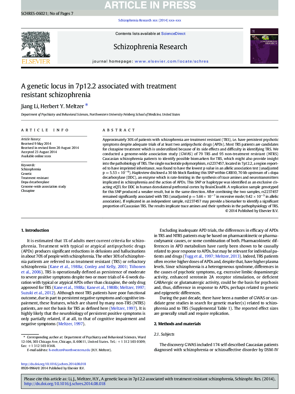 A genetic locus in 7p12.2 associated with treatment resistant schizophrenia