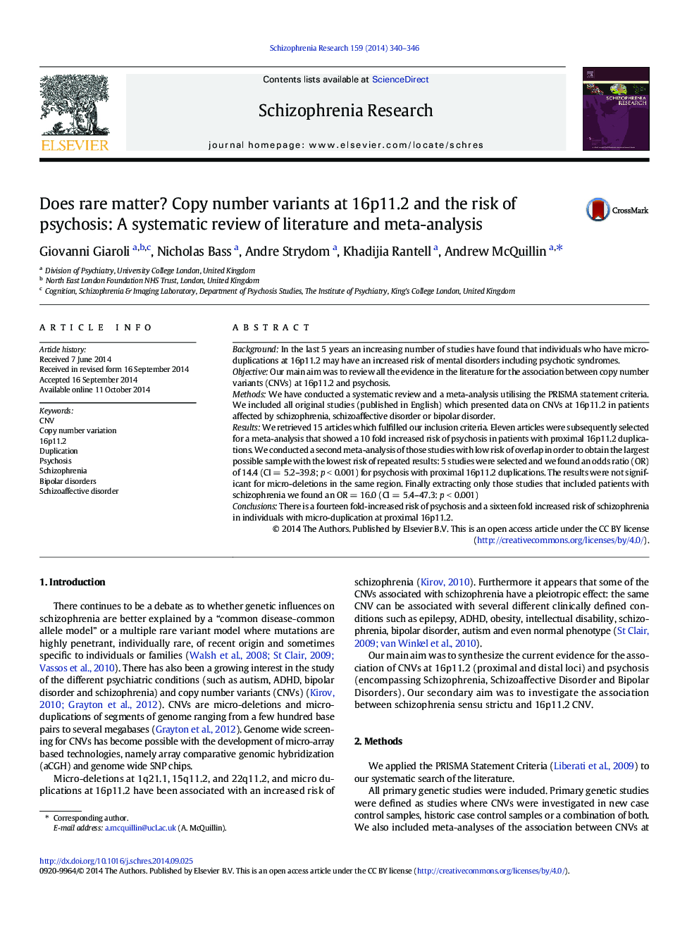 Does rare matter? Copy number variants at 16p11.2 and the risk of psychosis: A systematic review of literature and meta-analysis