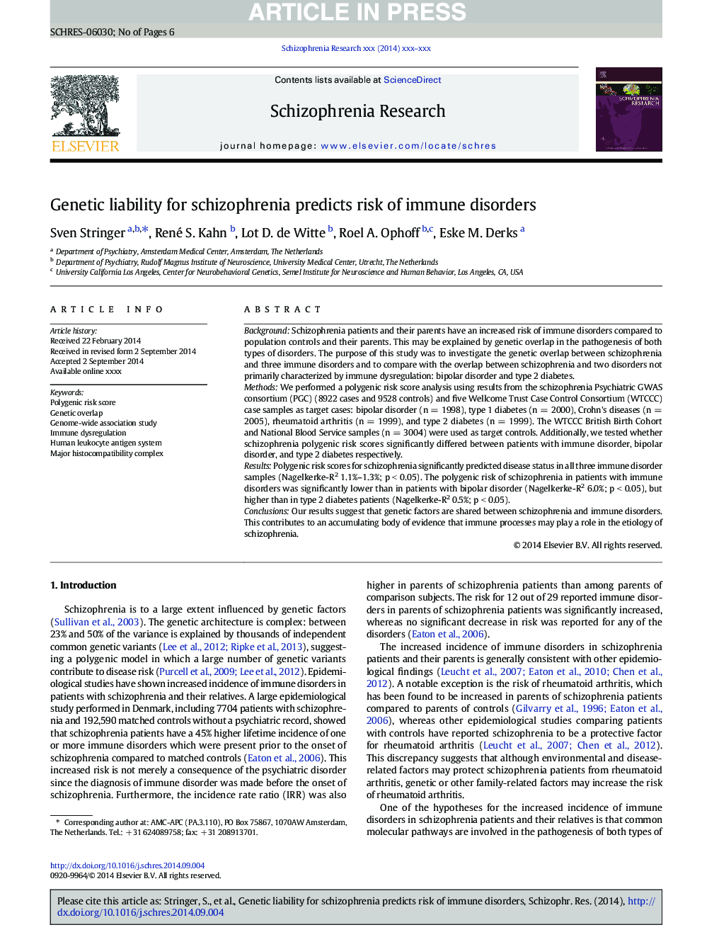 Genetic liability for schizophrenia predicts risk of immune disorders