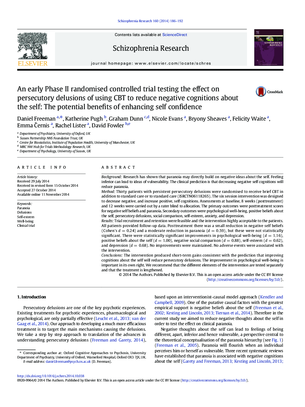 An early Phase II randomised controlled trial testing the effect on persecutory delusions of using CBT to reduce negative cognitions about the self: The potential benefits of enhancing self confidence