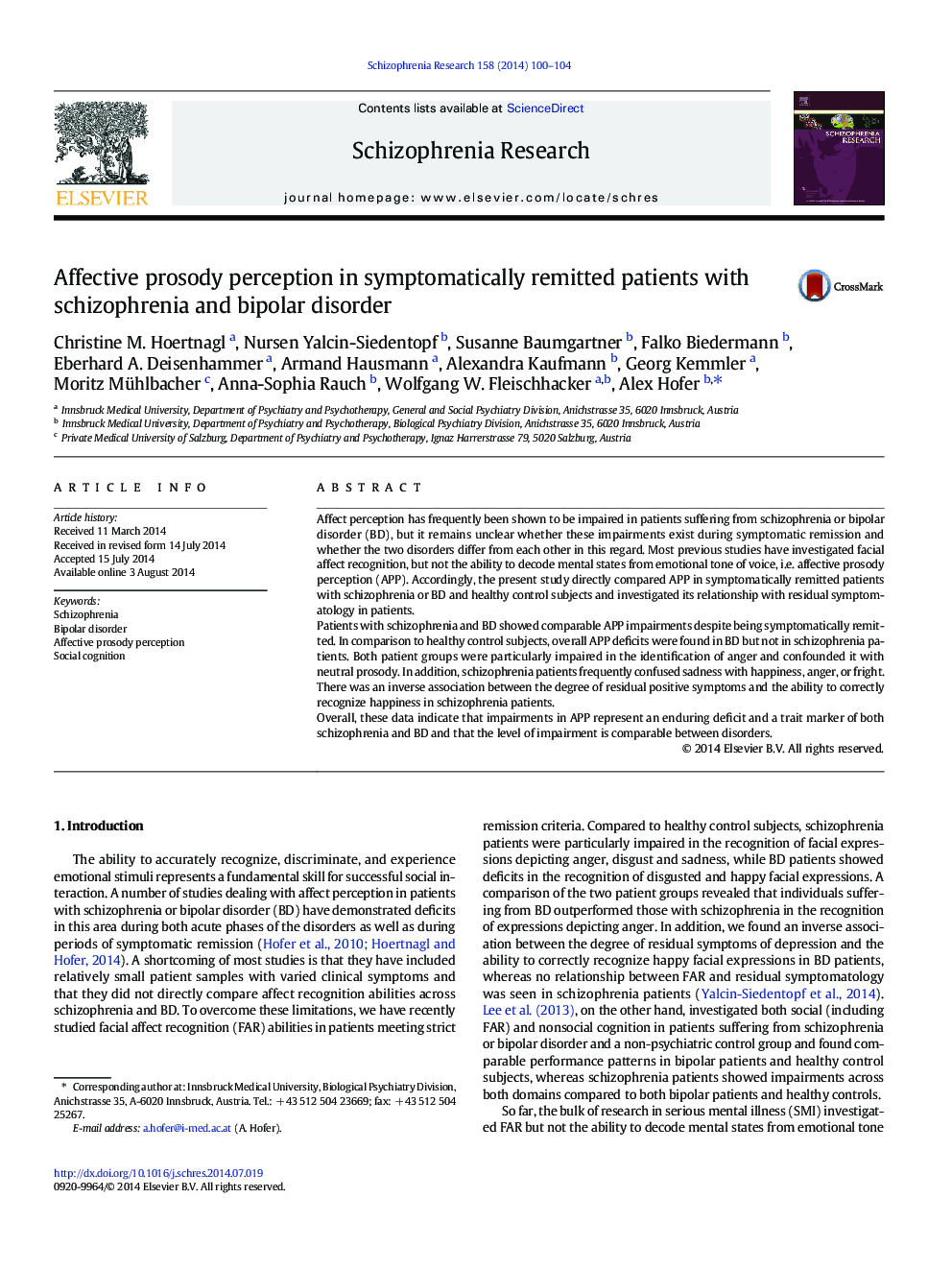 Affective prosody perception in symptomatically remitted patients with schizophrenia and bipolar disorder