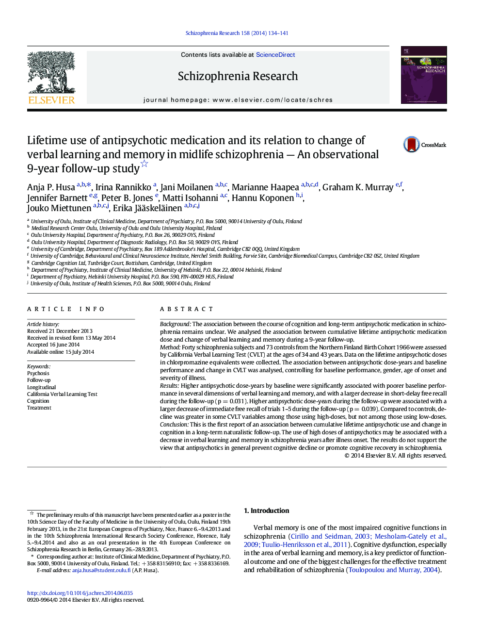 Lifetime use of antipsychotic medication and its relation to change of verbal learning and memory in midlife schizophrenia - An observational 9-year follow-up study