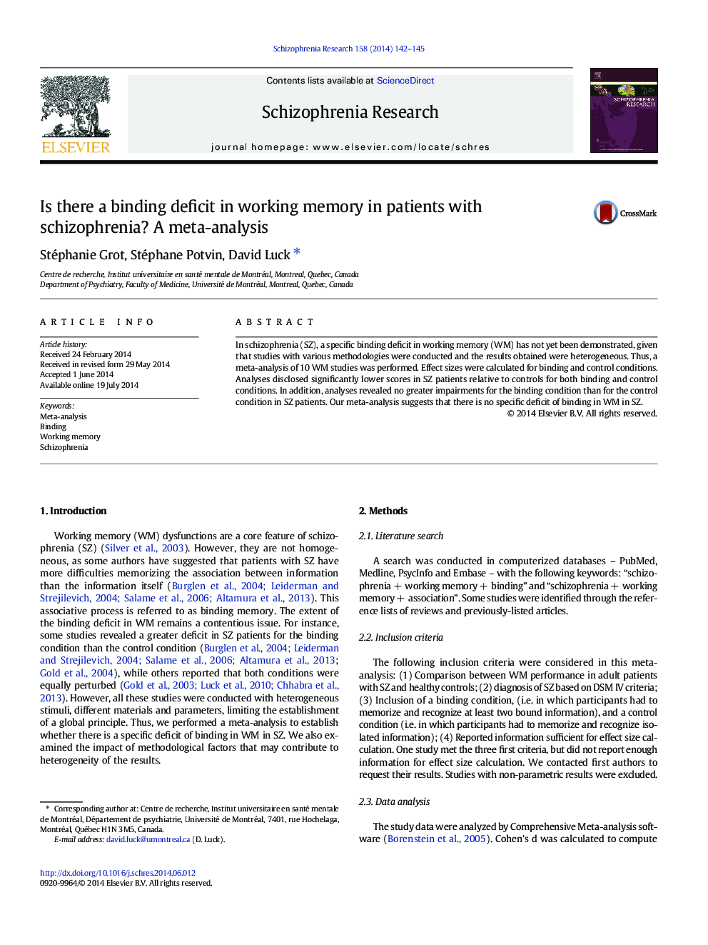 Is there a binding deficit in working memory in patients with schizophrenia? A meta-analysis