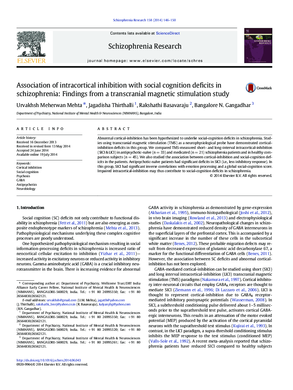 Association of intracortical inhibition with social cognition deficits in schizophrenia: Findings from a transcranial magnetic stimulation study