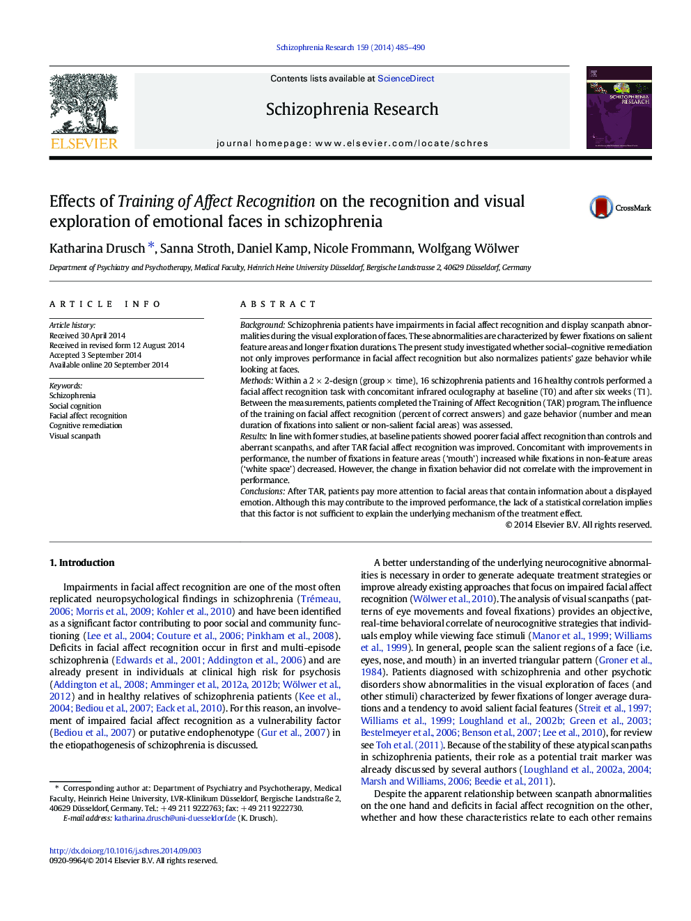 Effects of Training of Affect Recognition on the recognition and visual exploration of emotional faces in schizophrenia