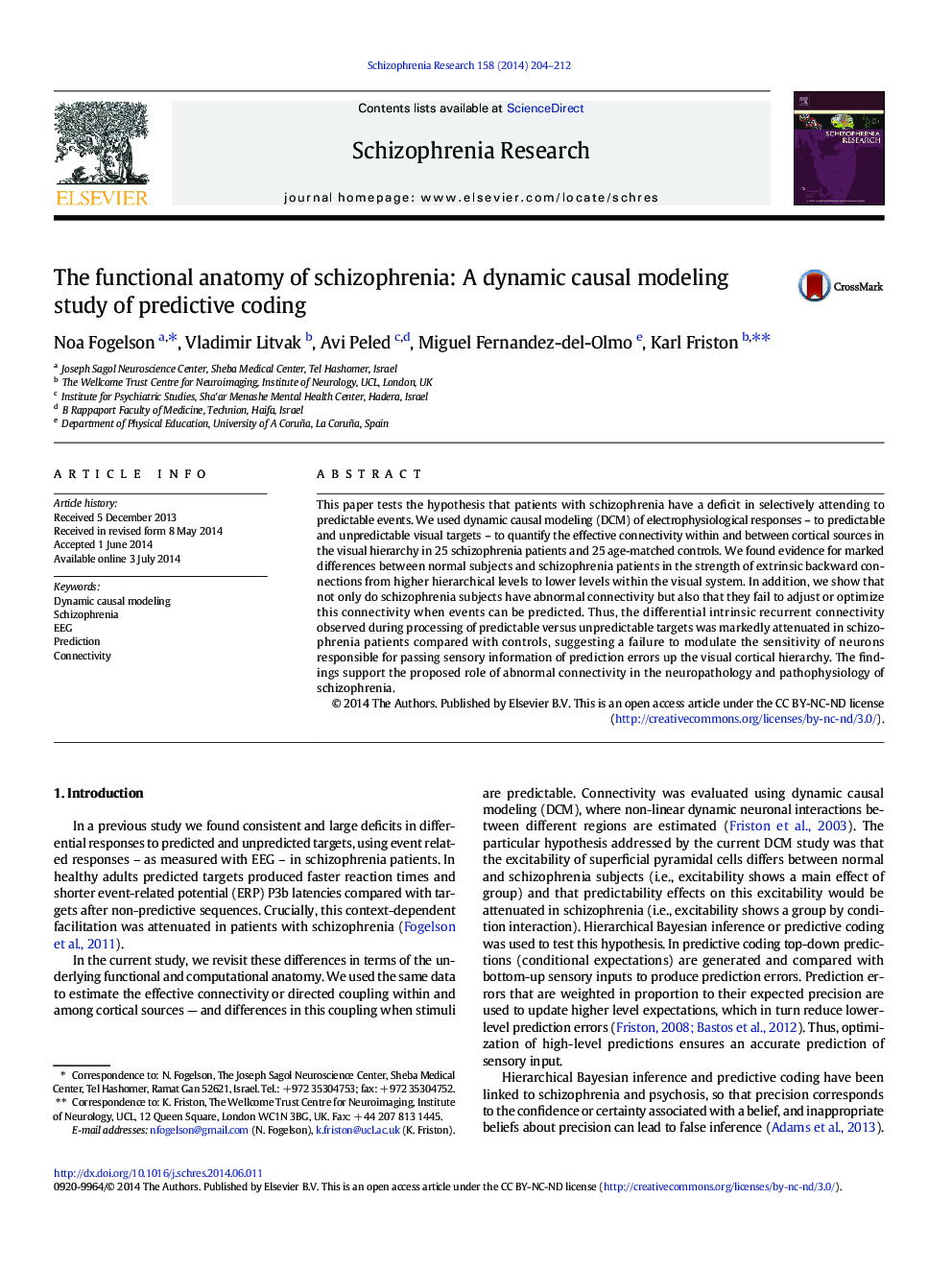 The functional anatomy of schizophrenia: A dynamic causal modeling study of predictive coding