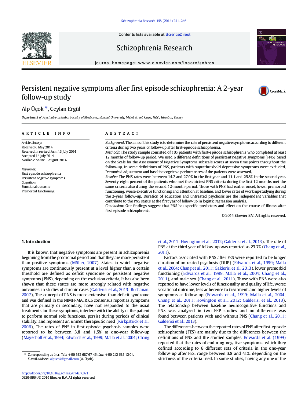 Persistent negative symptoms after first episode schizophrenia: A 2-year follow-up study