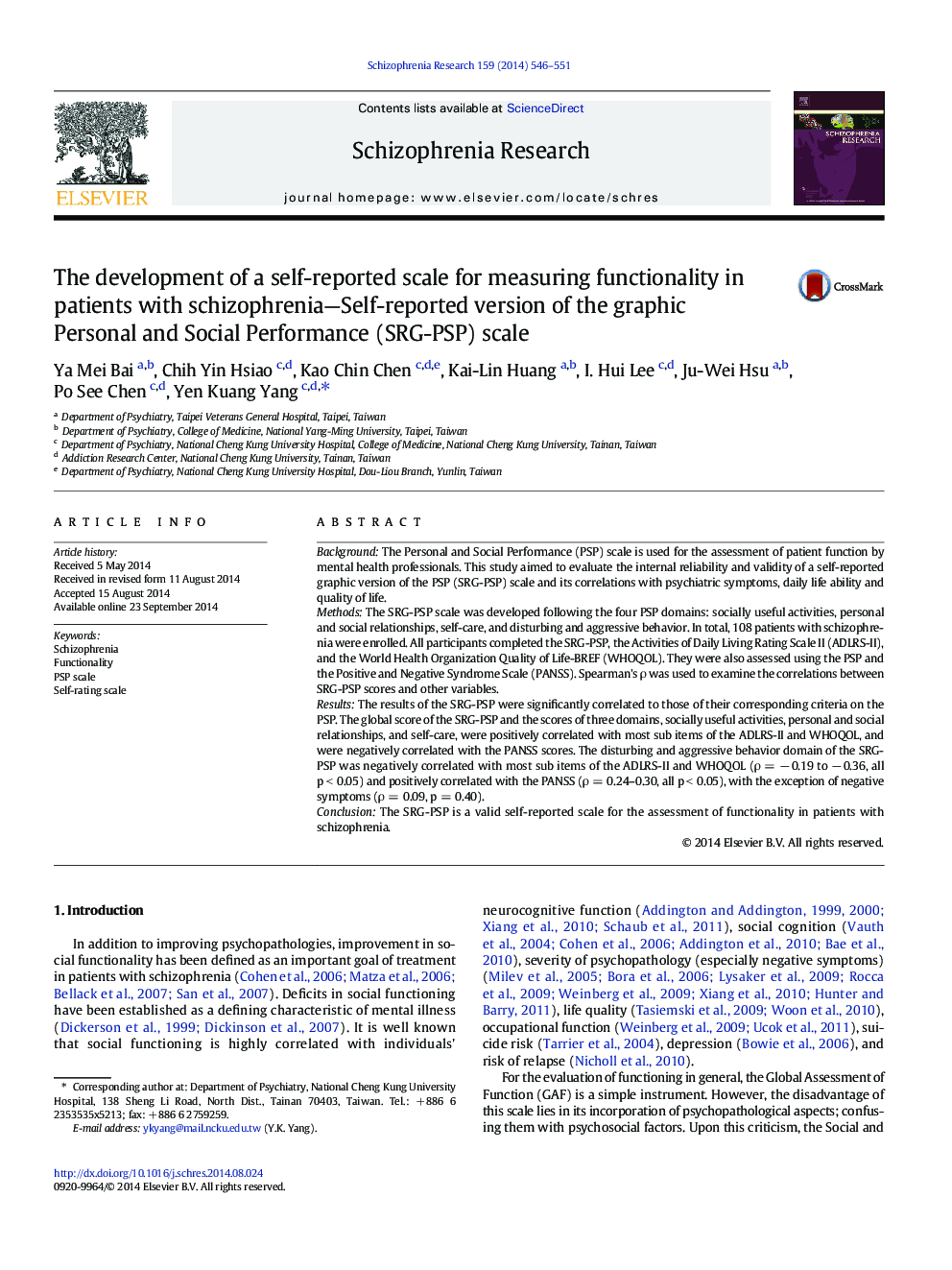 The development of a self-reported scale for measuring functionality in patients with schizophrenia-Self-reported version of the graphic Personal and Social Performance (SRG-PSP) scale