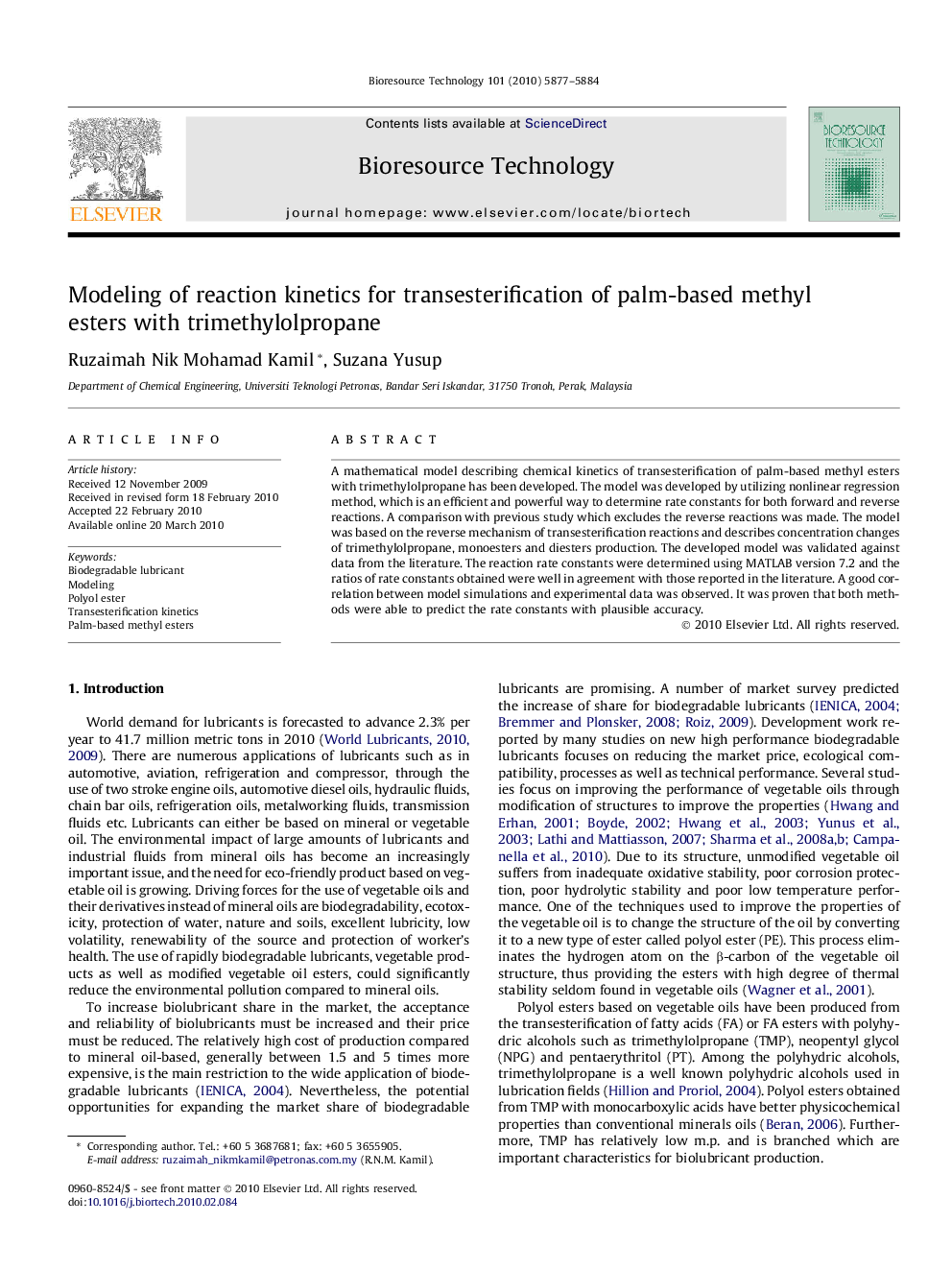 Modeling of reaction kinetics for transesterification of palm-based methyl esters with trimethylolpropane