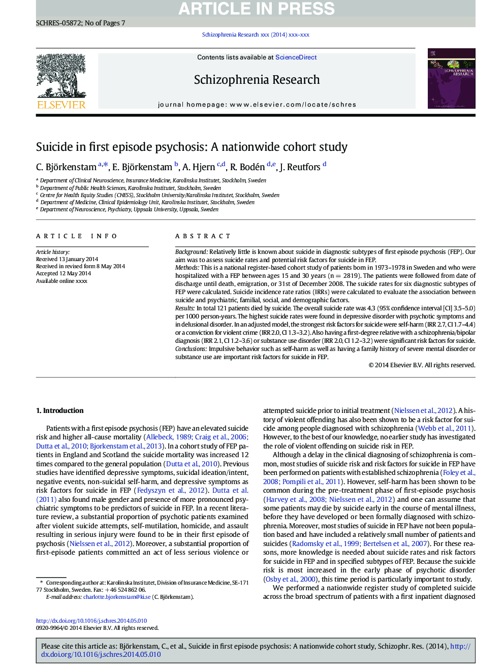 Suicide in first episode psychosis: A nationwide cohort study