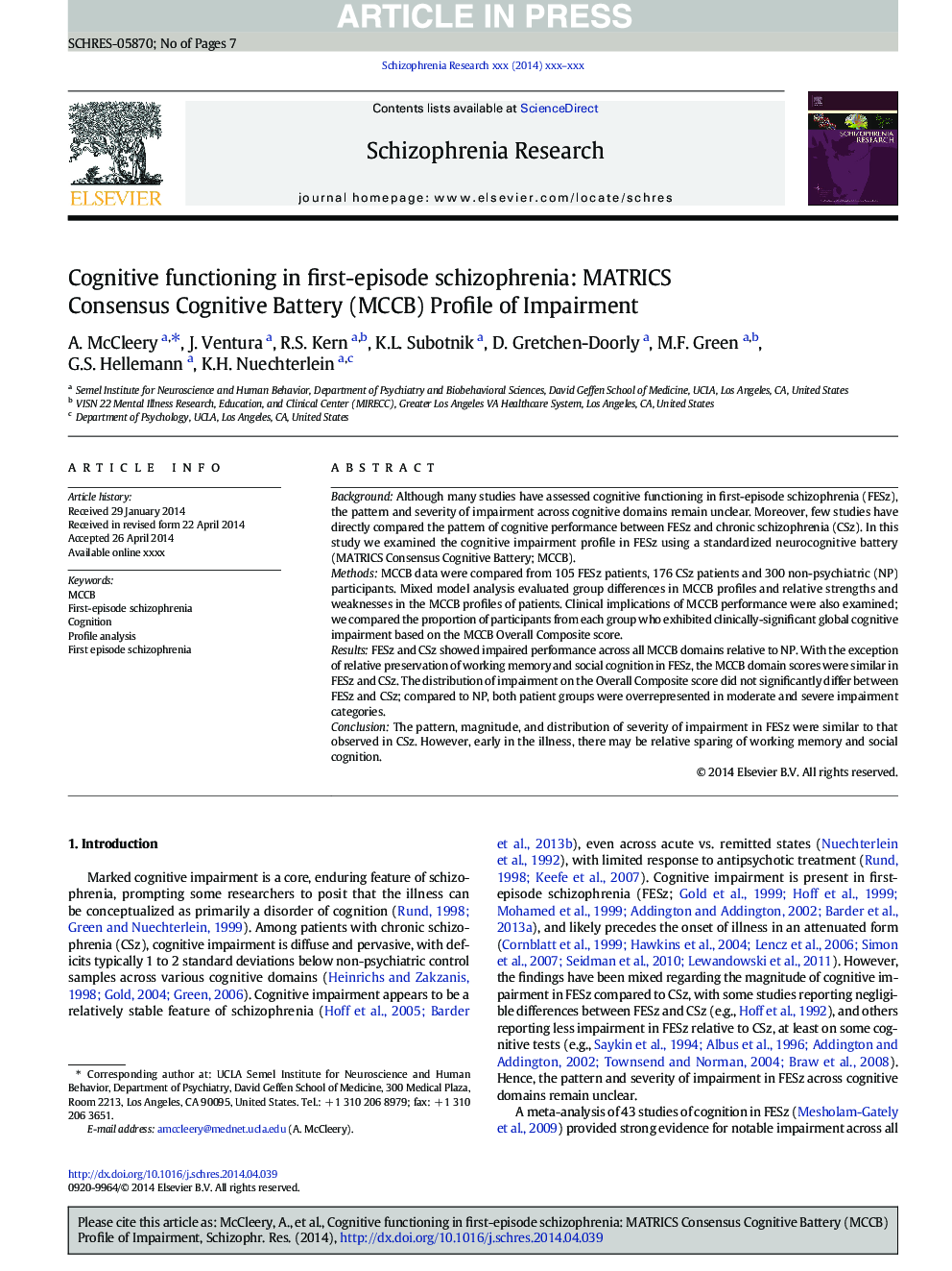 Cognitive functioning in first-episode schizophrenia: MATRICS Consensus Cognitive Battery (MCCB) Profile of Impairment