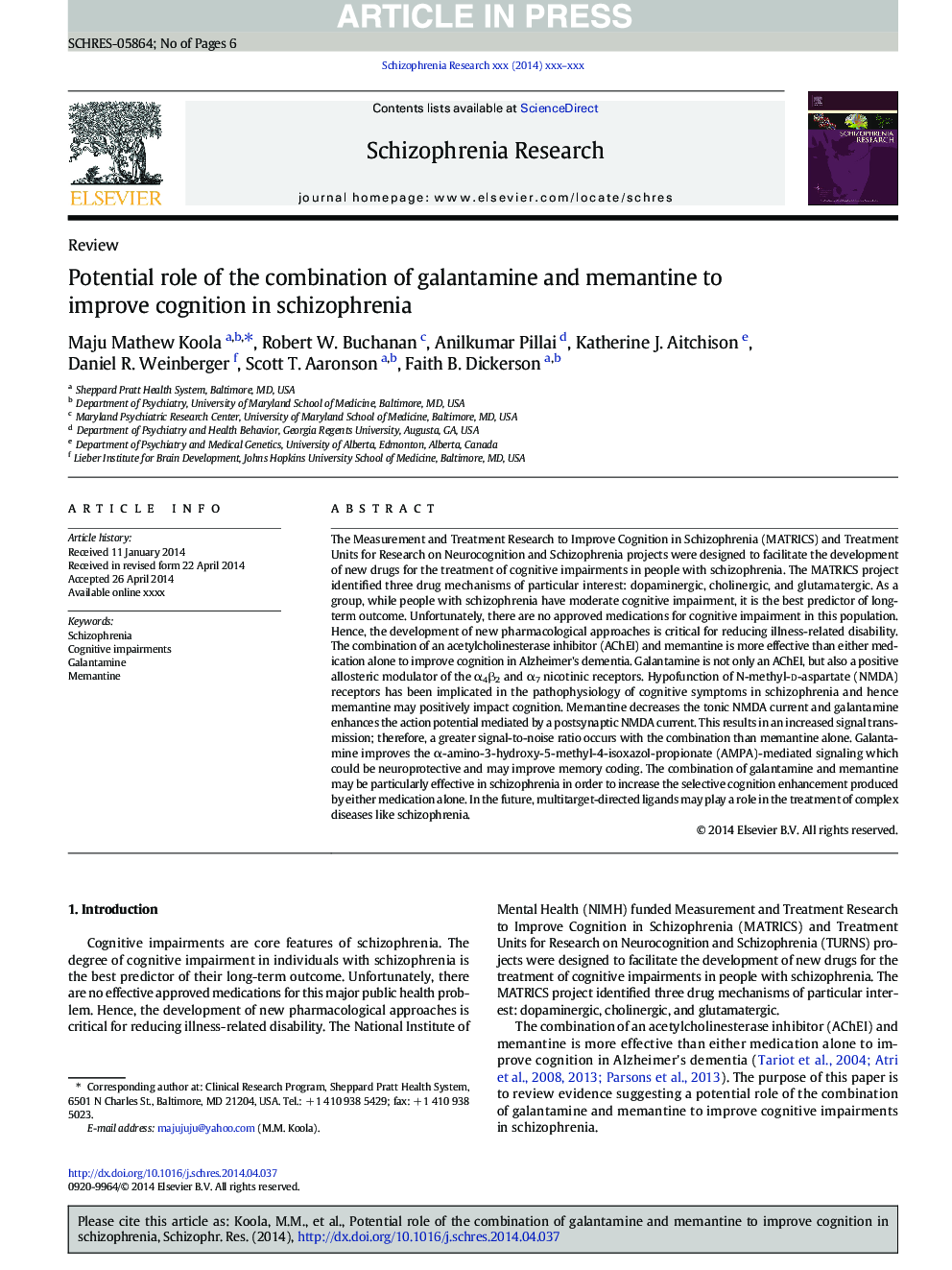 Potential role of the combination of galantamine and memantine to improve cognition in schizophrenia