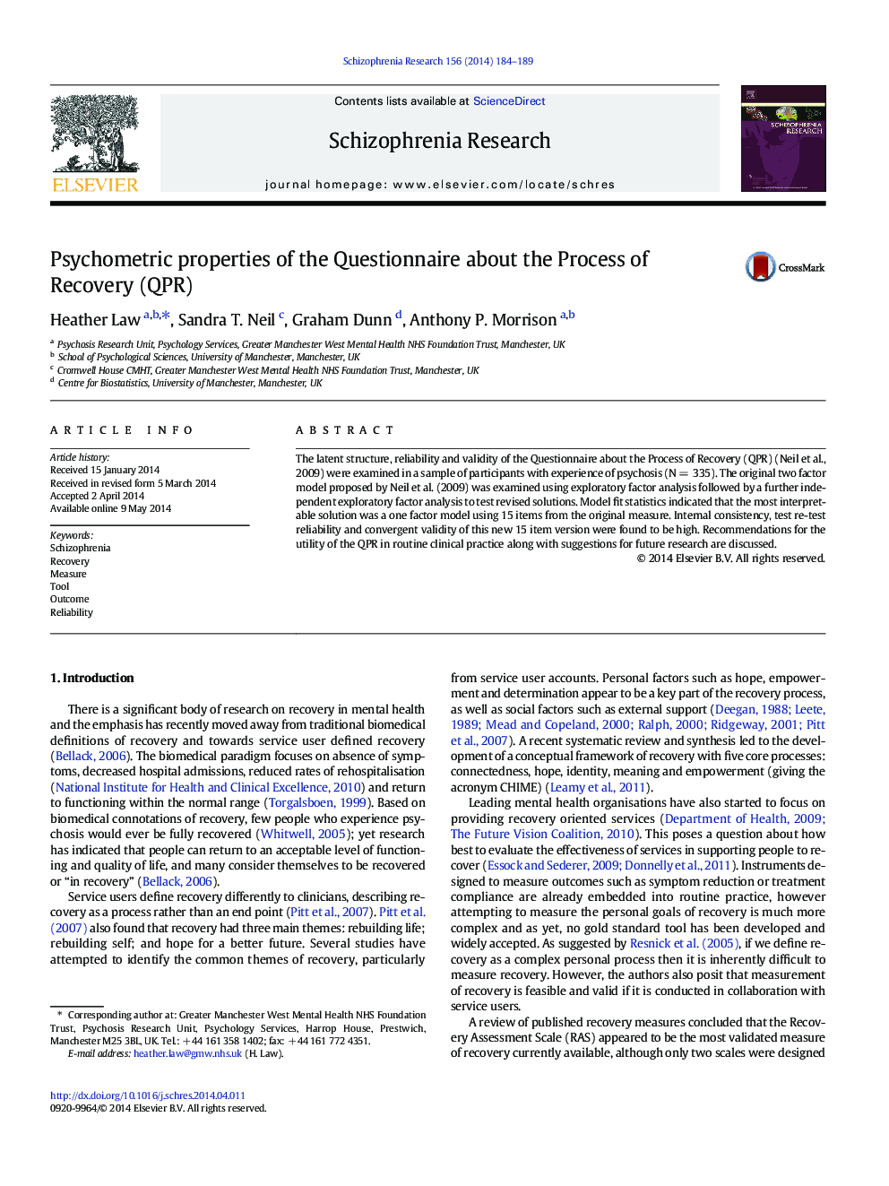 Psychometric properties of the Questionnaire about the Process of Recovery (QPR)