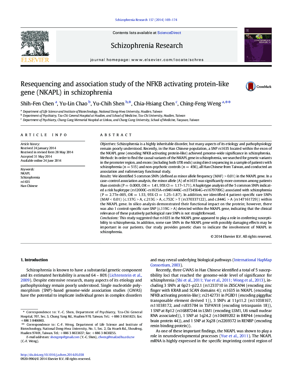 Resequencing and association study of the NFKB activating protein-like gene (NKAPL) in schizophrenia