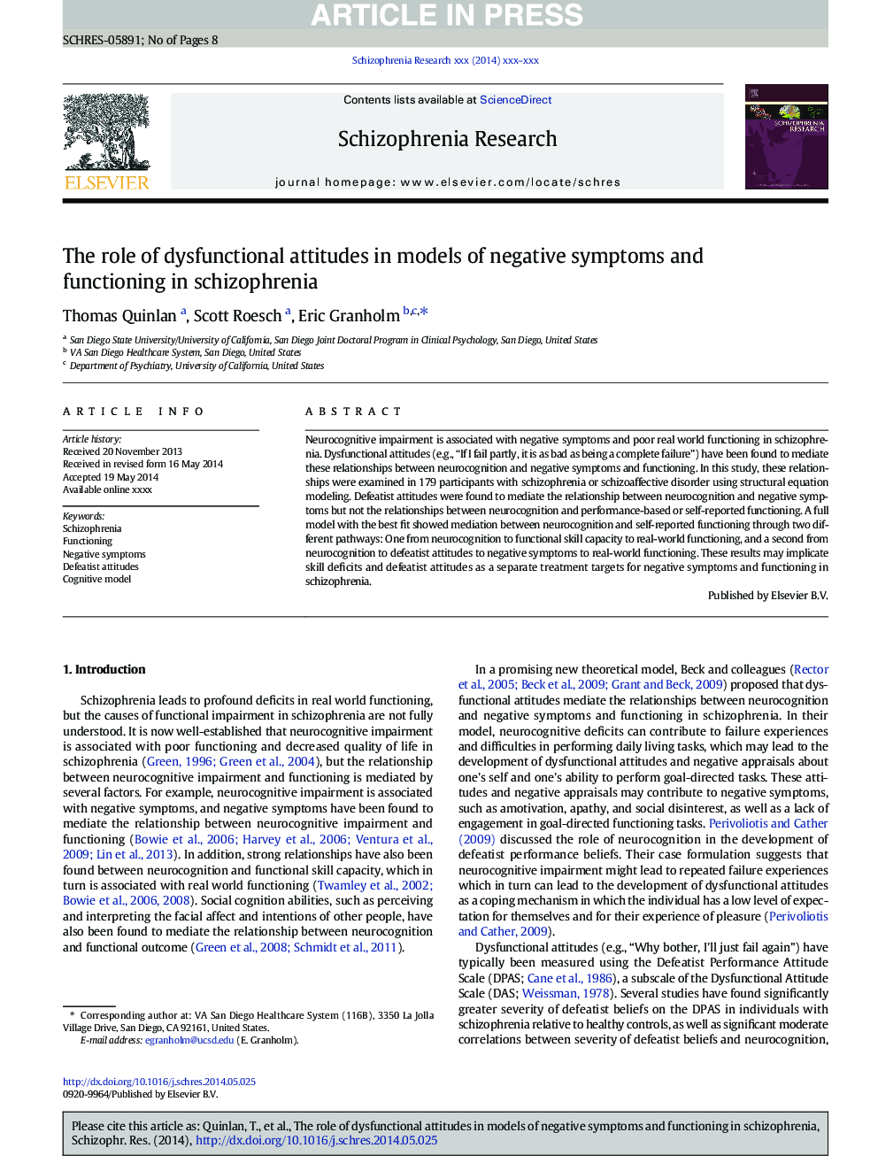 The role of dysfunctional attitudes in models of negative symptoms and functioning in schizophrenia