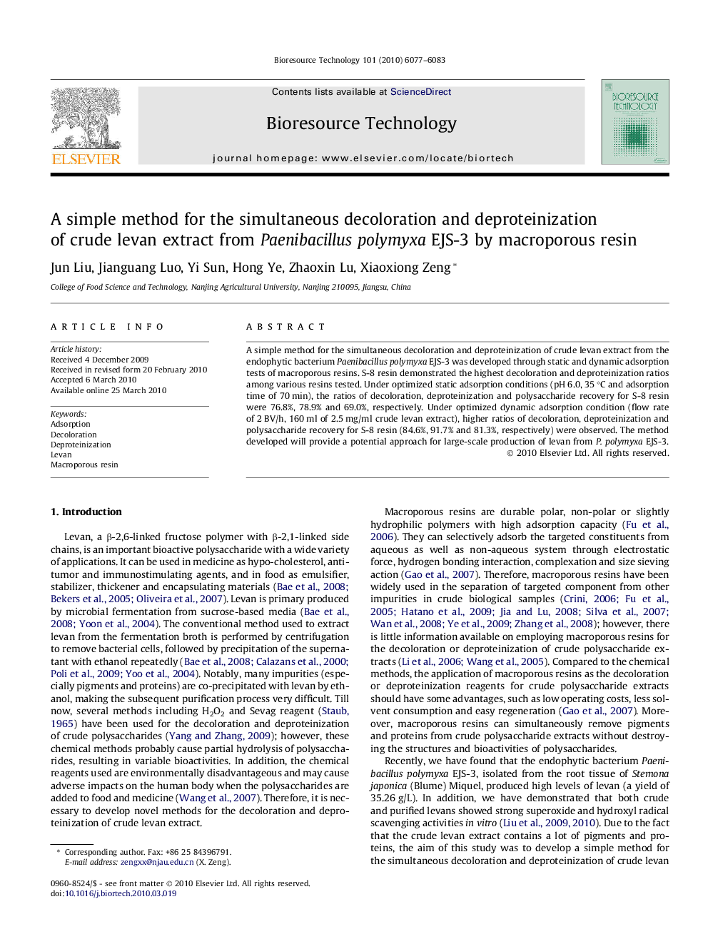 A simple method for the simultaneous decoloration and deproteinization of crude levan extract from Paenibacillus polymyxa EJS-3 by macroporous resin