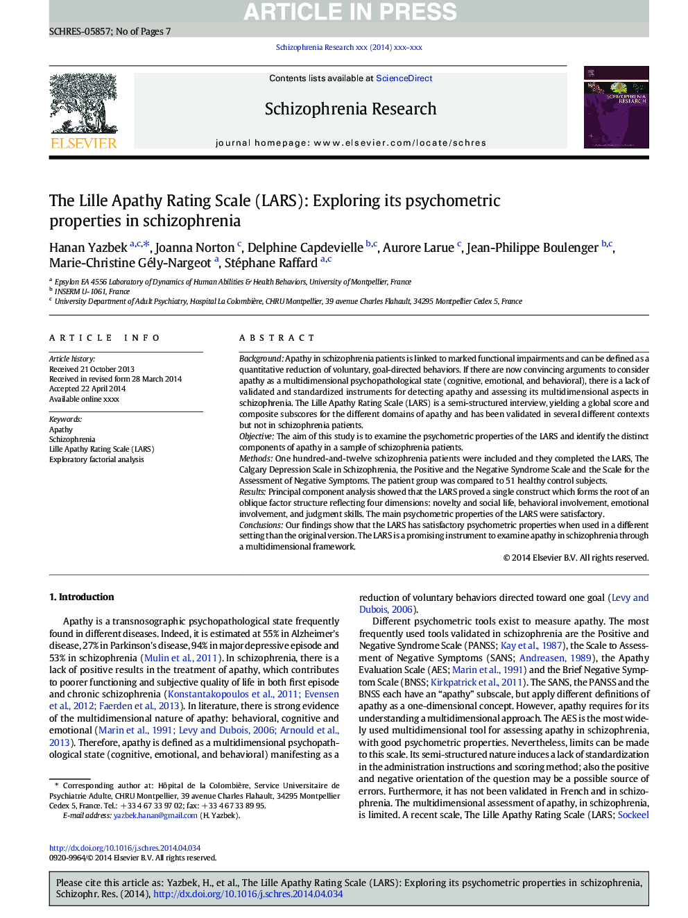 The Lille Apathy Rating Scale (LARS): Exploring its psychometric properties in schizophrenia