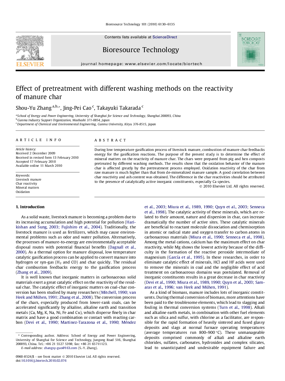 Effect of pretreatment with different washing methods on the reactivity of manure char