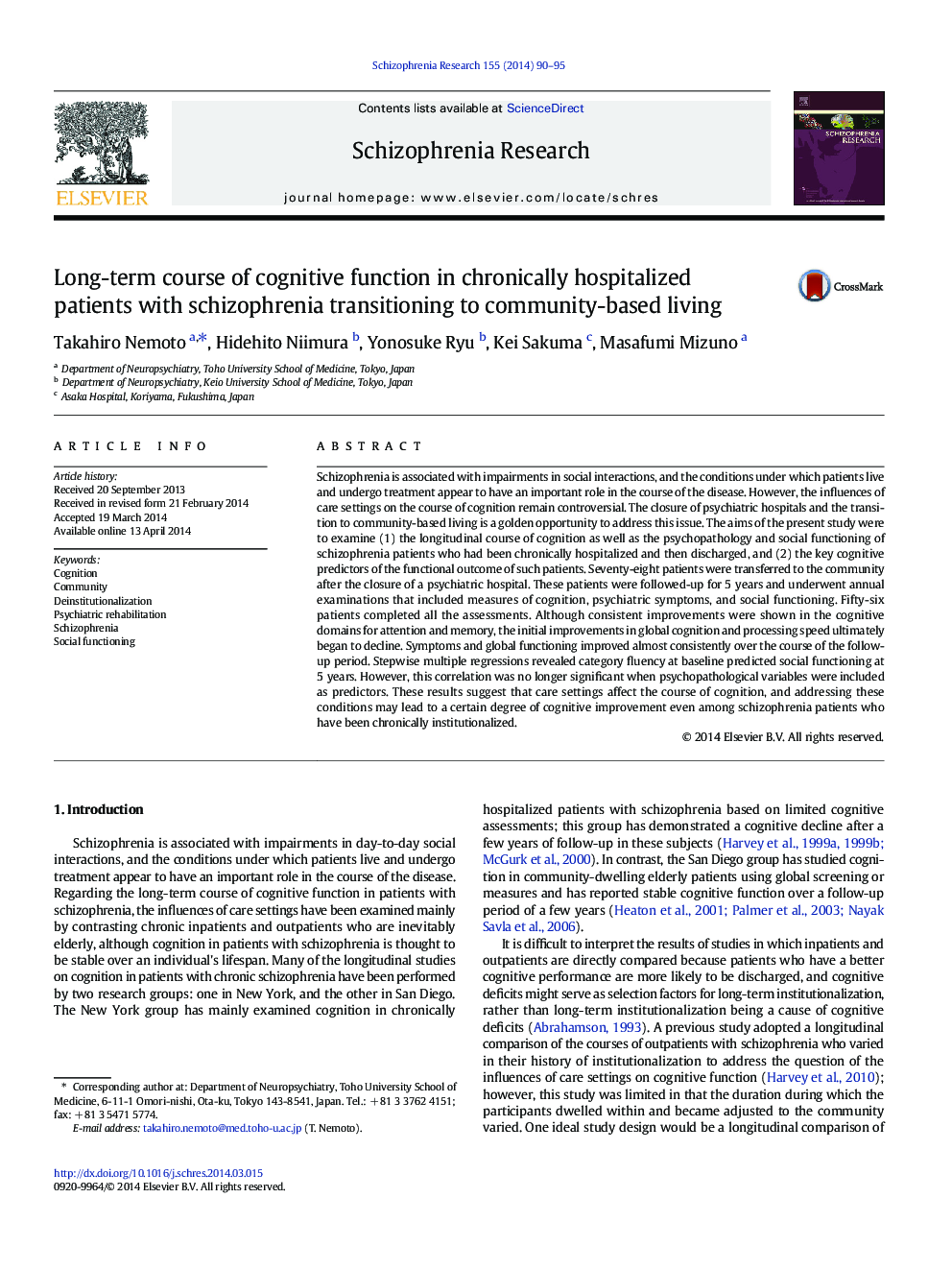 Long-term course of cognitive function in chronically hospitalized patients with schizophrenia transitioning to community-based living