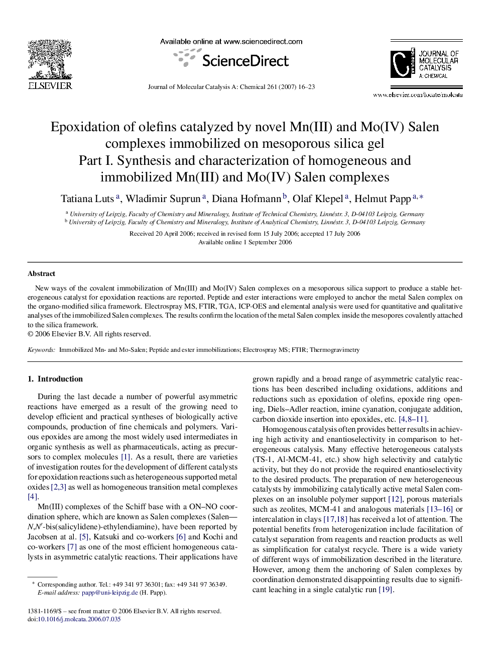 Epoxidation of olefins catalyzed by novel Mn(III) and Mo(IV) Salen complexes immobilized on mesoporous silica gel: Part I. Synthesis and characterization of homogeneous and immobilized Mn(III) and Mo(IV) Salen complexes