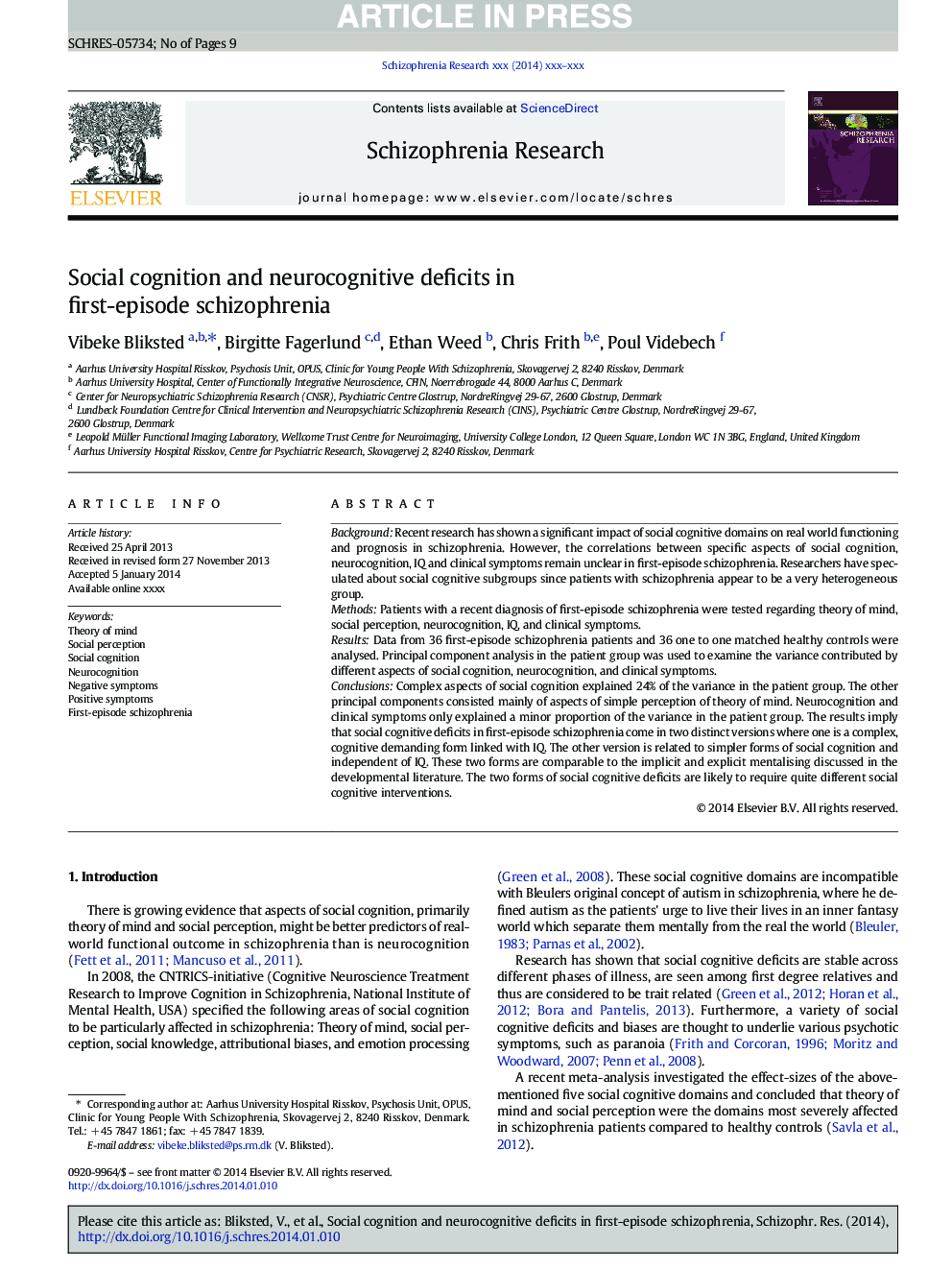 Social cognition and neurocognitive deficits in first-episode schizophrenia