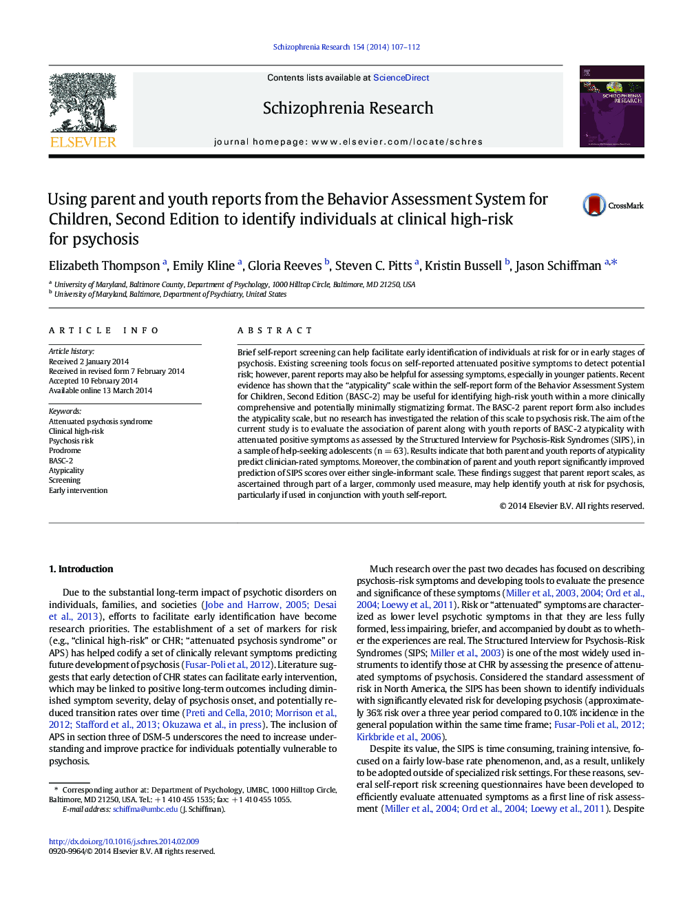 Using parent and youth reports from the Behavior Assessment System for Children, Second Edition to identify individuals at clinical high-risk for psychosis