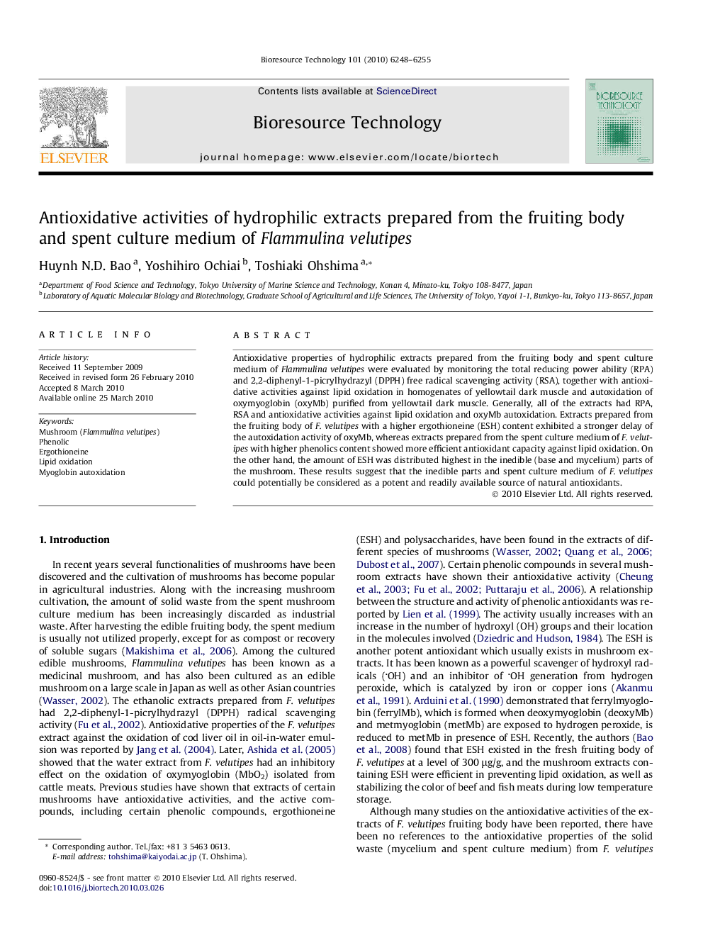 Antioxidative activities of hydrophilic extracts prepared from the fruiting body and spent culture medium of Flammulina velutipes