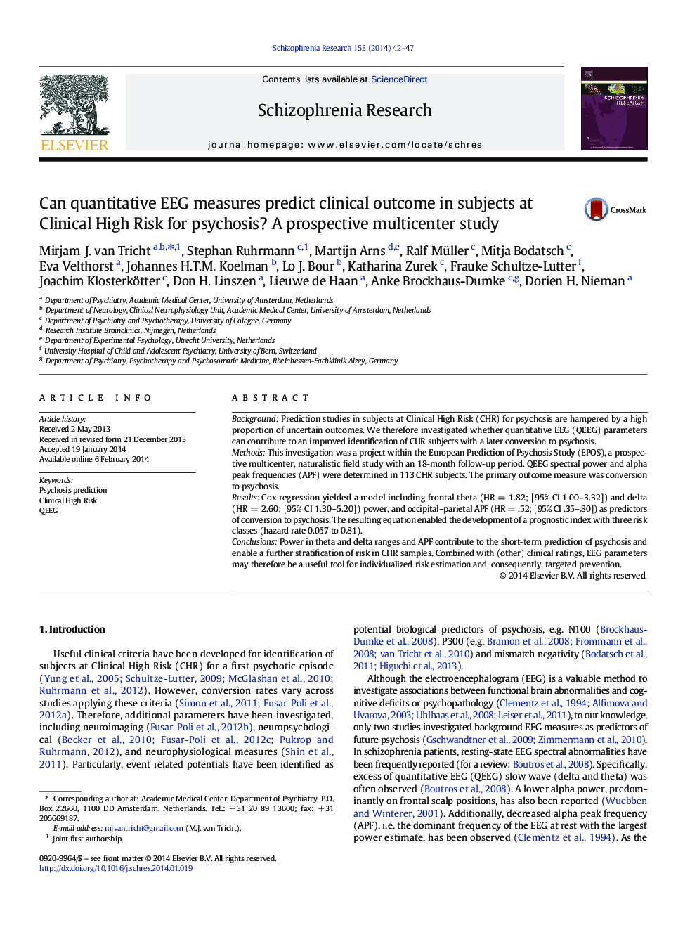 Can quantitative EEG measures predict clinical outcome in subjects at Clinical High Risk for psychosis? A prospective multicenter study