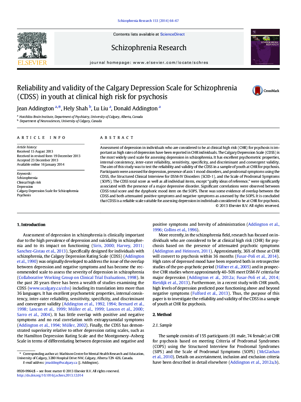 Reliability and validity of the Calgary Depression Scale for Schizophrenia (CDSS) in youth at clinical high risk for psychosis