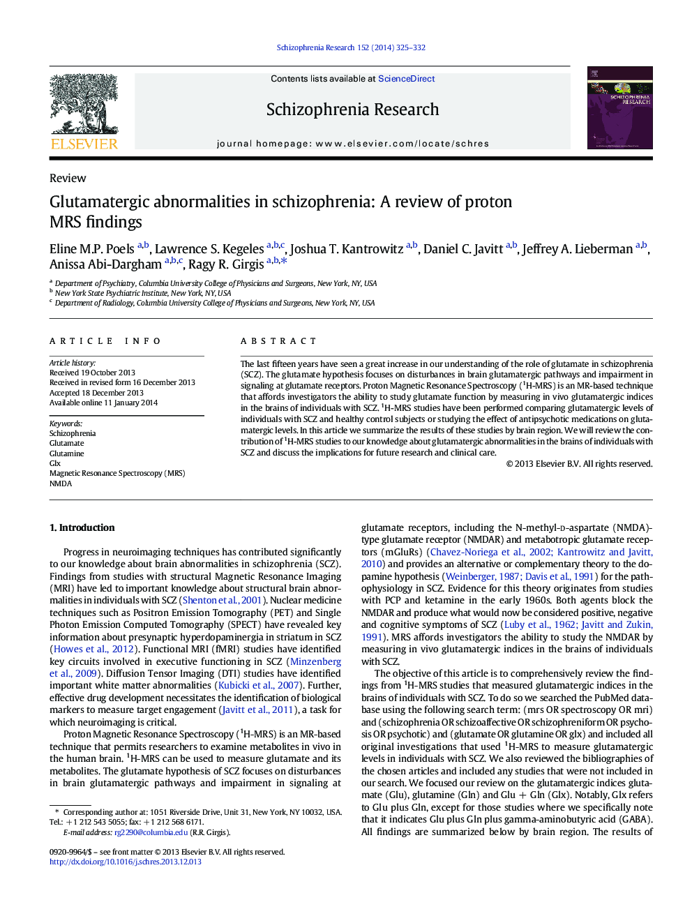 Glutamatergic abnormalities in schizophrenia: A review of proton MRS findings