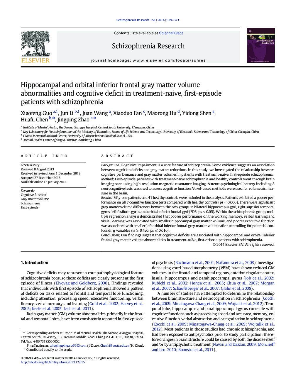 Hippocampal and orbital inferior frontal gray matter volume abnormalities and cognitive deficit in treatment-naive, first-episode patients with schizophrenia