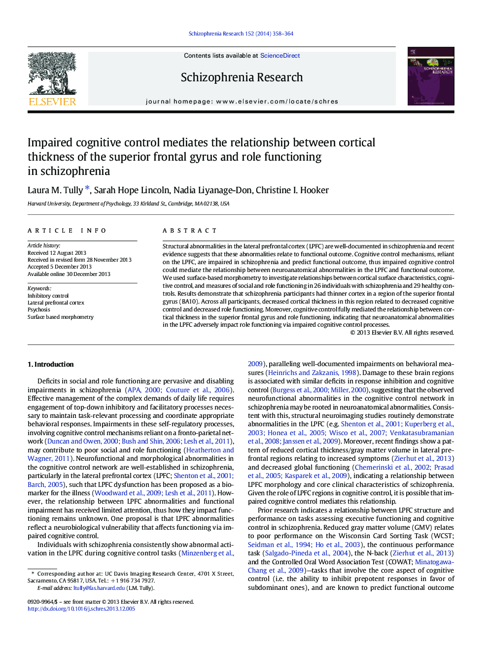 Impaired cognitive control mediates the relationship between cortical thickness of the superior frontal gyrus and role functioning in schizophrenia