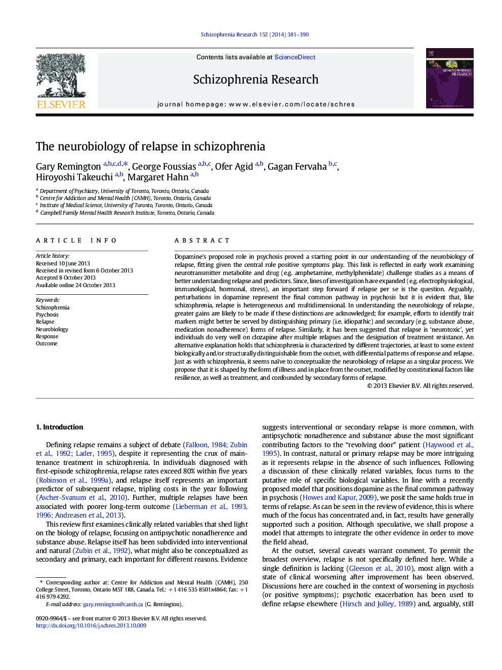 The neurobiology of relapse in schizophrenia