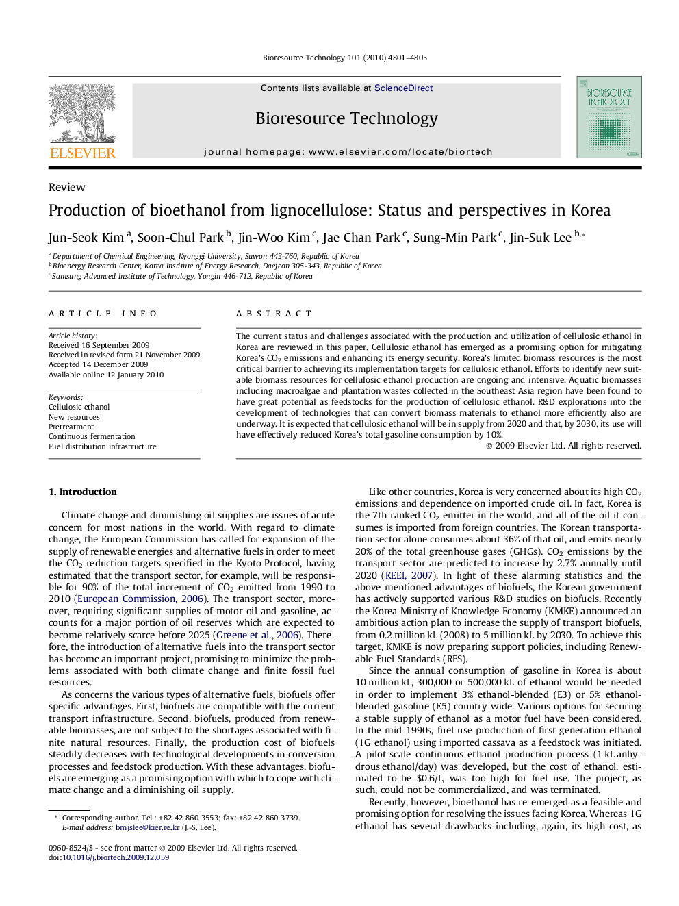 Production of bioethanol from lignocellulose: Status and perspectives in Korea