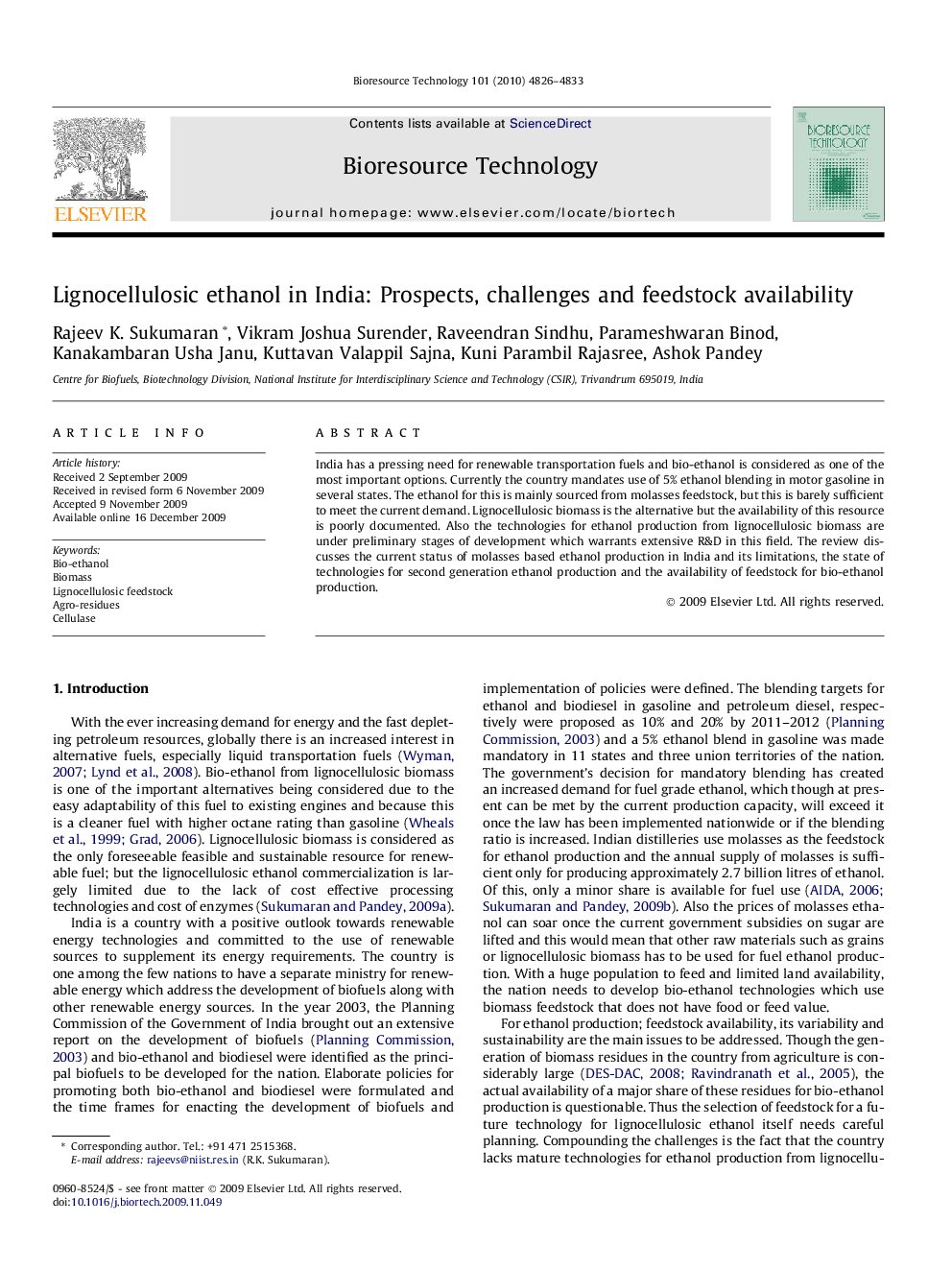 عکس صفحه اول مقاله: Lignocellulosic ethanol in India: Prospects, challenges and feedstock availability Lignocellulosic ethanol in India: Prospects, challenges and feedstock availability