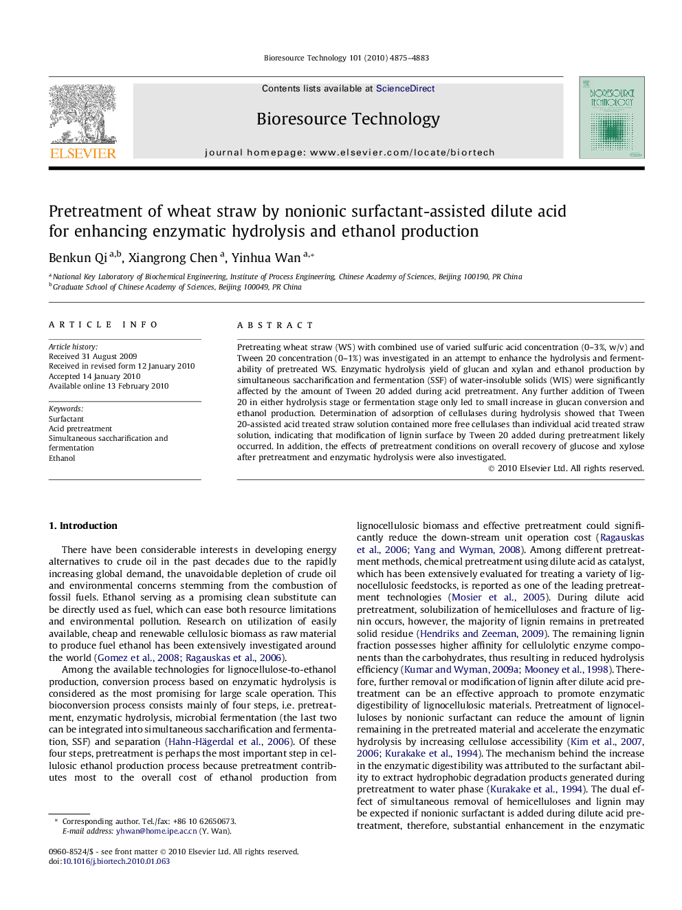 Pretreatment of wheat straw by nonionic surfactant-assisted dilute acid for enhancing enzymatic hydrolysis and ethanol production