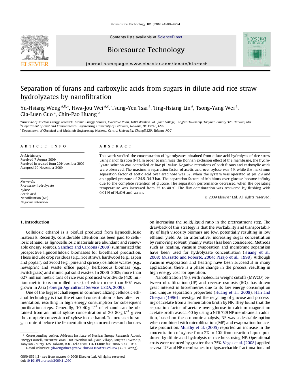 Separation of furans and carboxylic acids from sugars in dilute acid rice straw hydrolyzates by nanofiltration