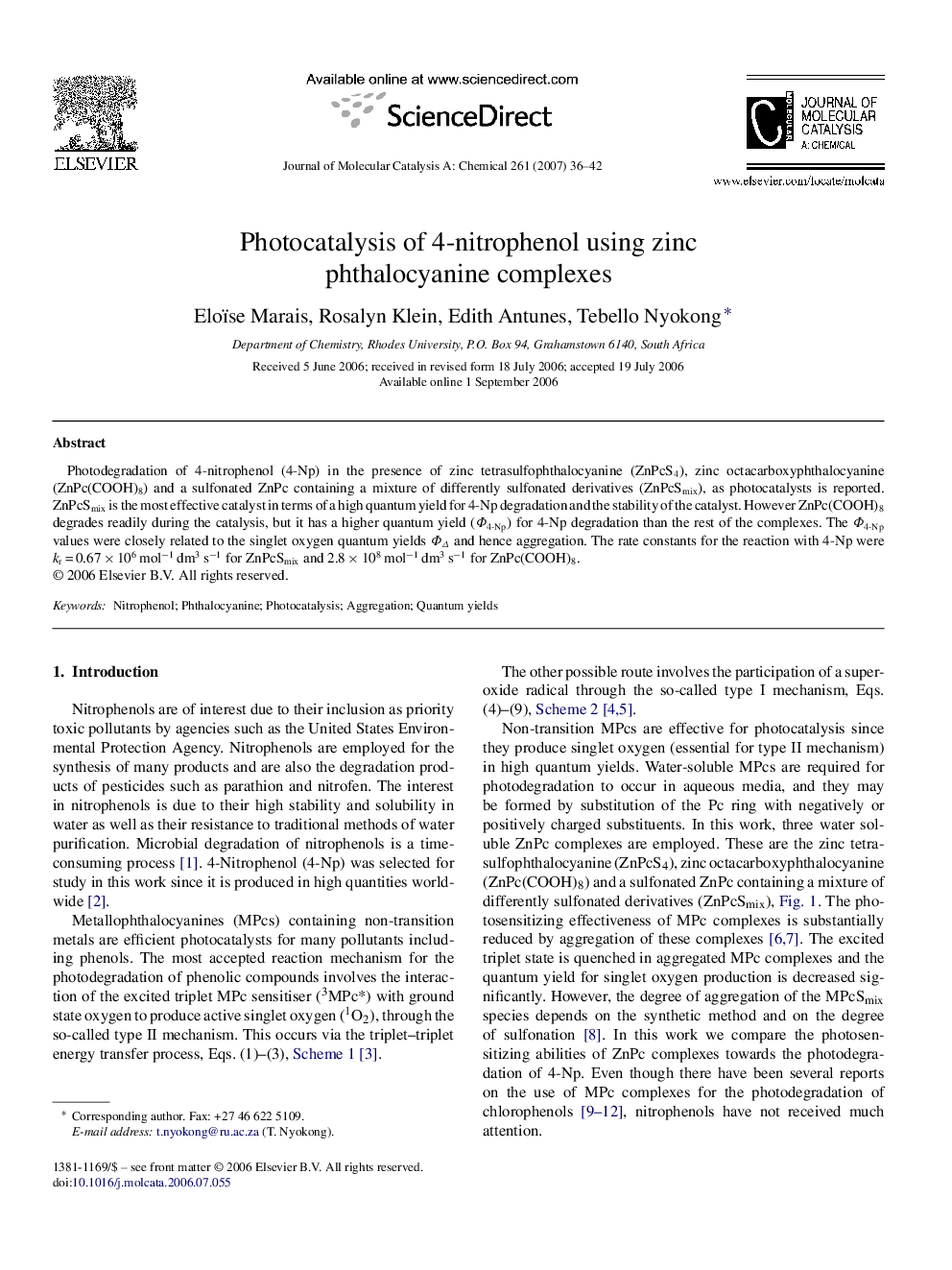 Photocatalysis of 4-nitrophenol using zinc phthalocyanine complexes